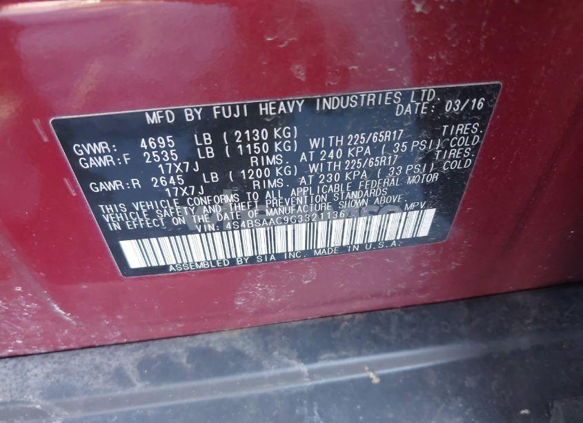 Photo 9 of 2016 Subaru Outback 2.5I (VIN 4S4BSAAC9G3321136)