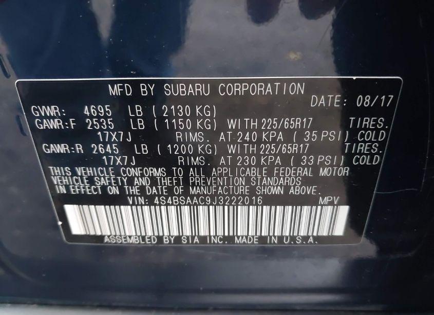 Photo 9 of 2018 Subaru Outback 2.5I (VIN 4S4BSAAC9J3222016)