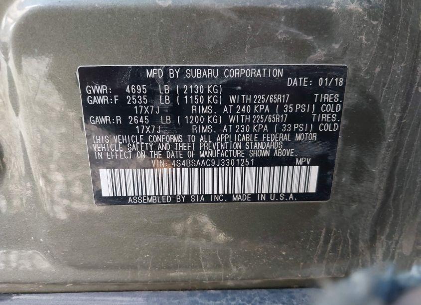 Photo 9 of 2018 Subaru Outback 2.5I (VIN 4S4BSAAC9J3301251)