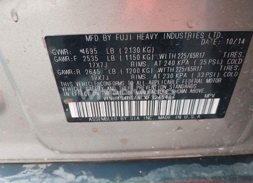 Photo 9 of 2015 Subaru Outback 2.5I (VIN 4S4BSAACXF3245487)