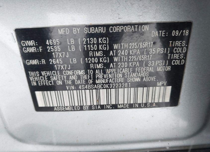 Photo 9 of 2019 Subaru Outback 2.5I (VIN 4S4BSABC0K3223281)