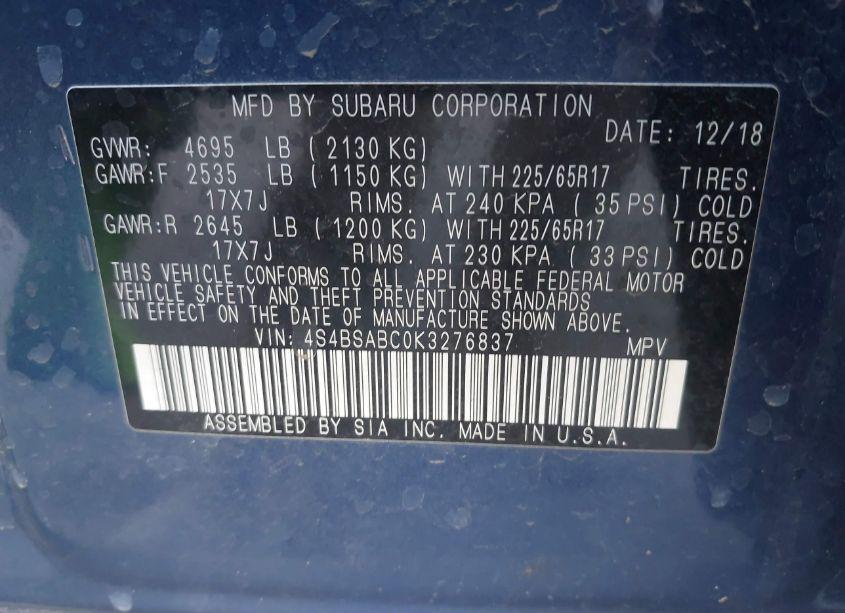 Photo 9 of 2019 Subaru Outback 2.5I (VIN 4S4BSABC0K3276837)