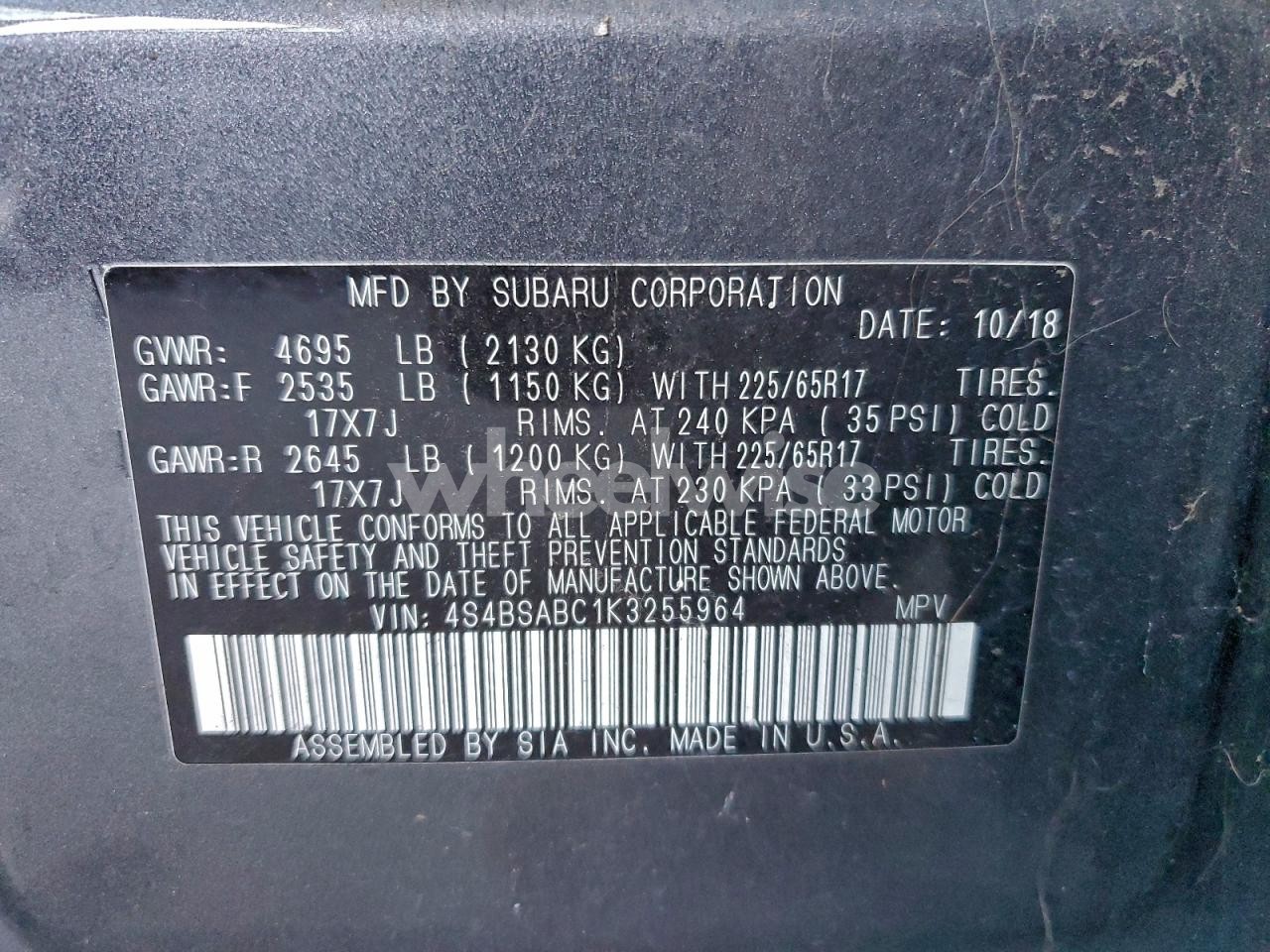 Photo 12 of 2019 SUBARU OUTBACK 2.5I (VIN 4S4BSABC1K3255964)