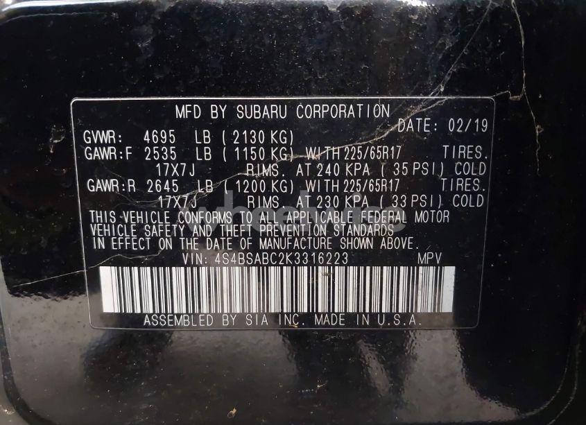 Photo 9 of 2019 Subaru Outback 2.5I (VIN 4S4BSABC2K3316223)