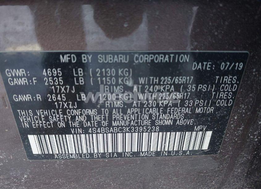 Photo 9 of 2019 Subaru Outback 2.5I (VIN 4S4BSABC3K3395238)