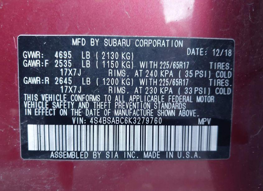 Photo 9 of 2019 Subaru Outback 2.5I (VIN 4S4BSABC6K3279760)