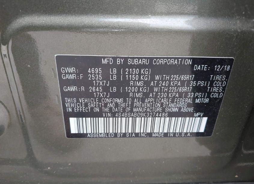 Photo 9 of 2019 Subaru Outback 2.5I (VIN 4S4BSABC9K3274486)