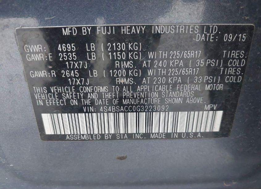 Photo 9 of 2016 Subaru Outback 2.5I PREMIUM (VIN 4S4BSACC0G3223092)