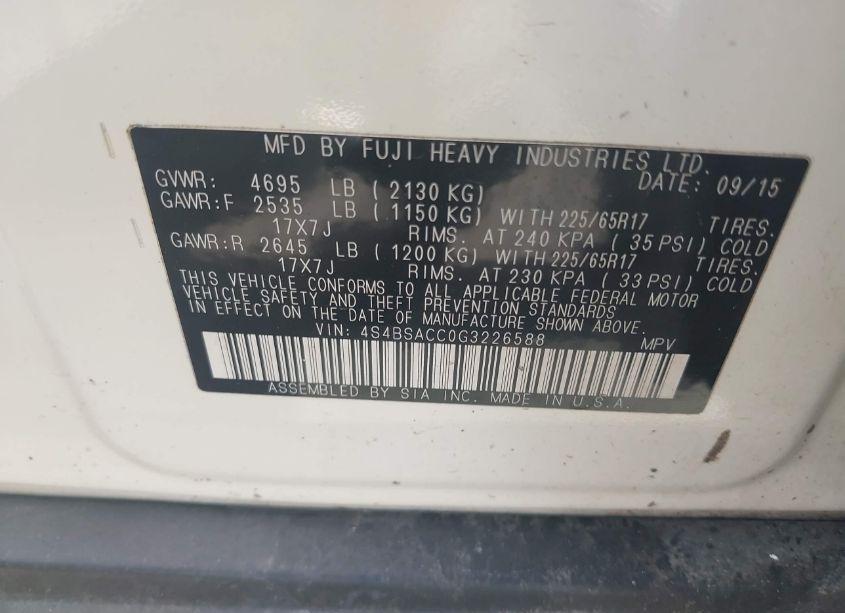 Photo 9 of 2016 Subaru Outback 2.5I PREMIUM (VIN 4S4BSACC0G3226588)