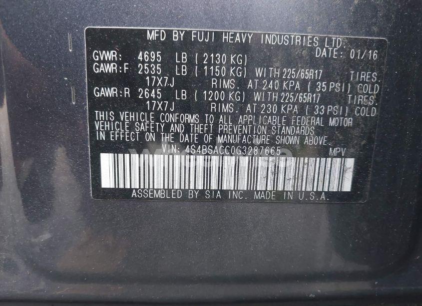 Photo 9 of 2016 Subaru Outback 2.5I PREMIUM (VIN 4S4BSACC0G3287665)