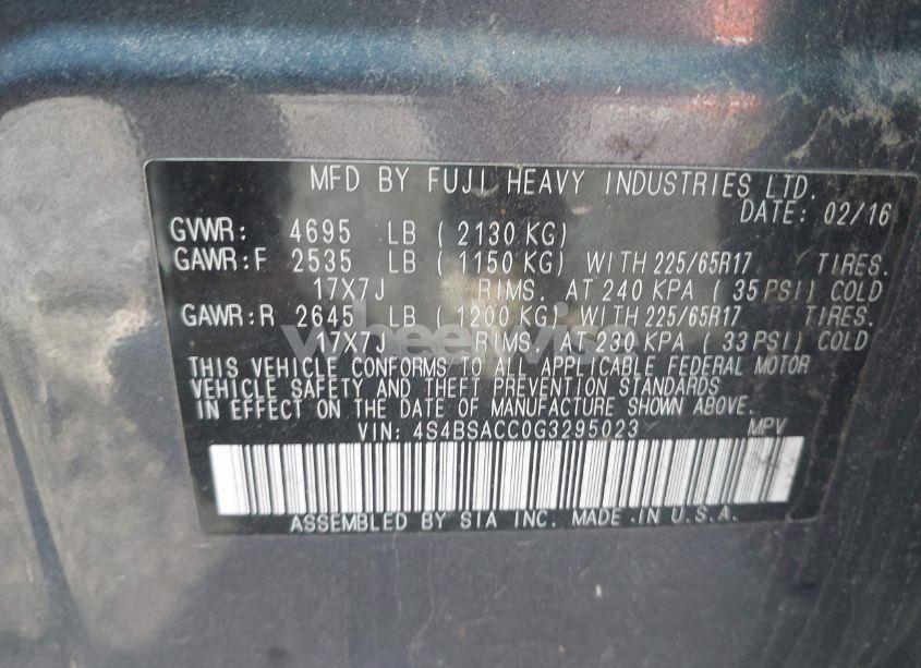 Photo 9 of 2016 Subaru Outback 2.5I PREMIUM (VIN 4S4BSACC0G3295023)