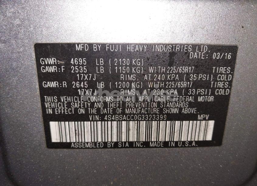 Photo 9 of 2016 Subaru Outback 2.5I PREMIUM (VIN 4S4BSACC0G3323399)