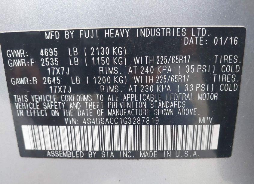 Photo 9 of 2016 Subaru Outback 2.5I PREMIUM (VIN 4S4BSACC1G3287819)