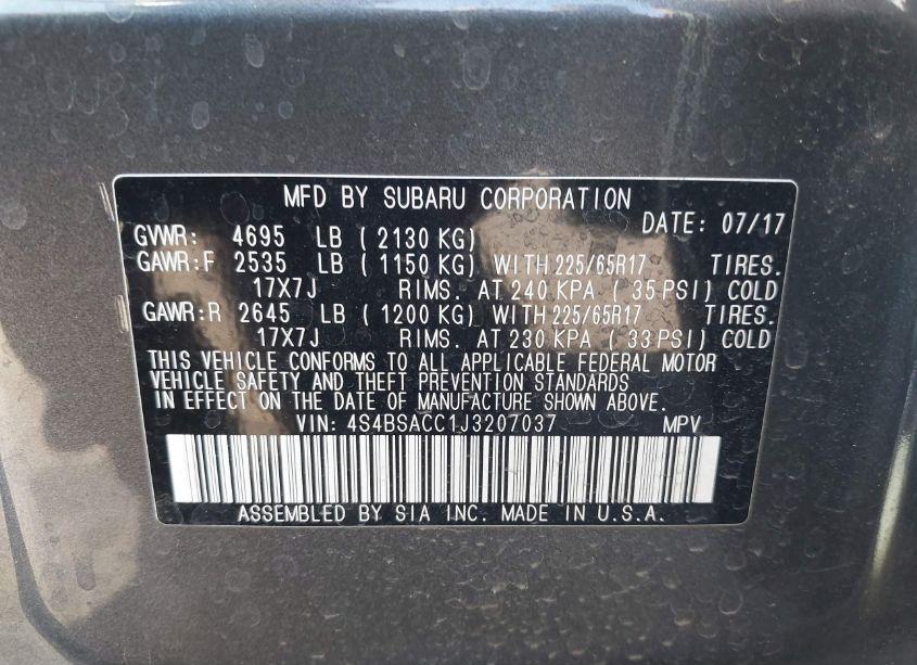 Photo 9 of 2018 Subaru Outback 2.5I PREMIUM (VIN 4S4BSACC1J3207037)