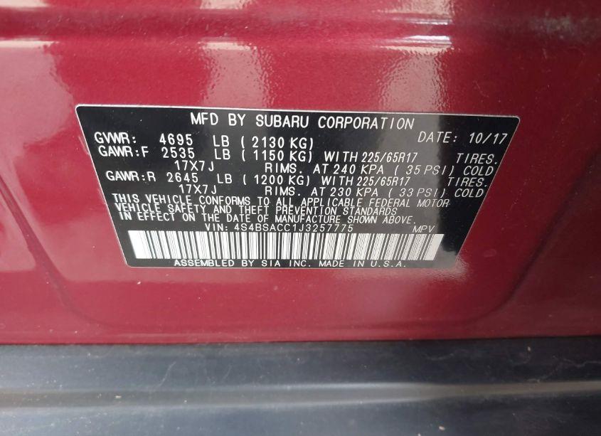 Photo 9 of 2018 Subaru Outback 2.5I PREMIUM (VIN 4S4BSACC1J3257775)