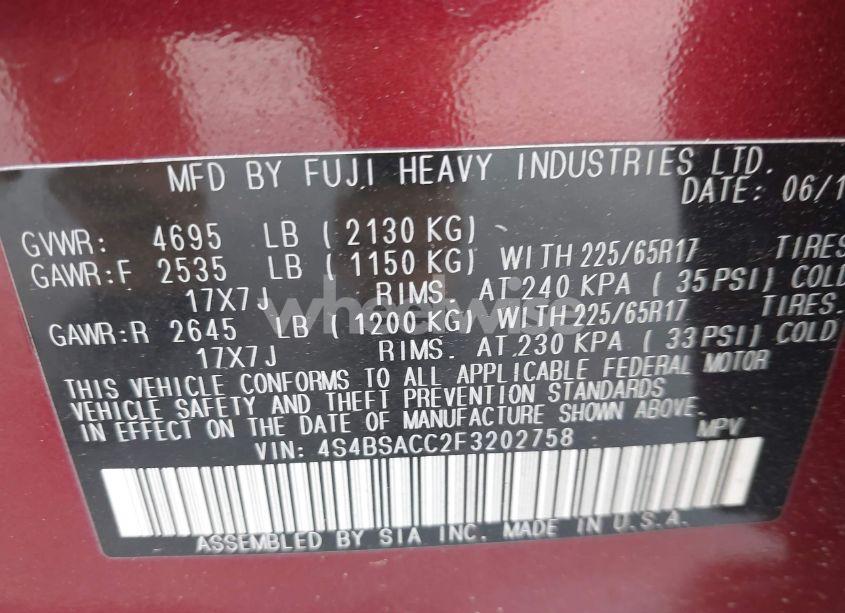 Photo 9 of 2015 Subaru Outback 2.5I PREMIUM (VIN 4S4BSACC2F3202758)