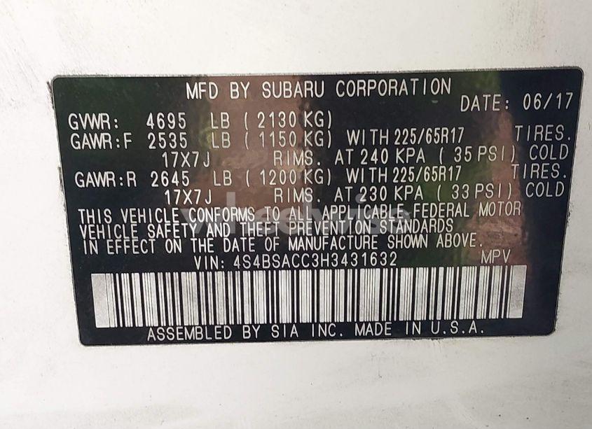 Photo 9 of 2017 Subaru Outback 2.5I PREMIUM (VIN 4S4BSACC3H3431632)