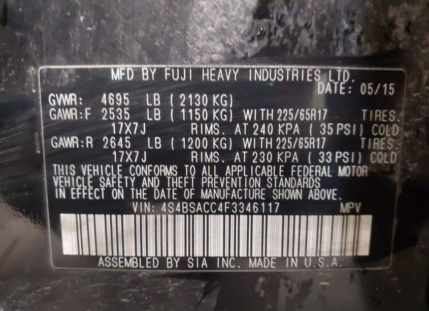 Photo 9 of 2015 Subaru Outback 2.5I PREMIUM (VIN 4S4BSACC4F3346117)