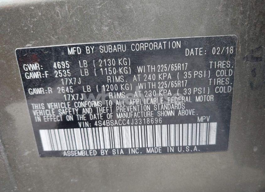 Photo 9 of 2018 Subaru Outback 2.5I PREMIUM (VIN 4S4BSACC4J3318696)