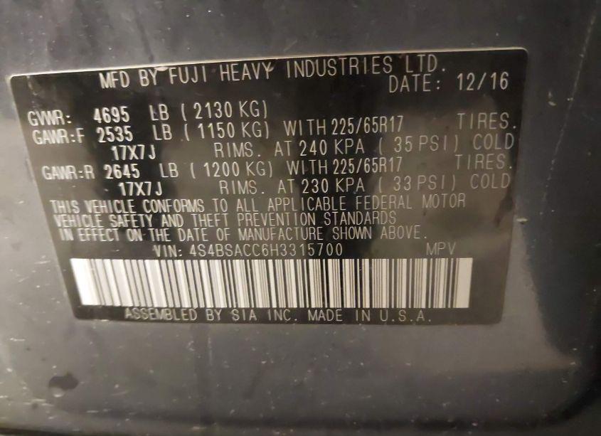 Photo 9 of 2017 Subaru Outback 2.5I PREMIUM (VIN 4S4BSACC6H3315700)