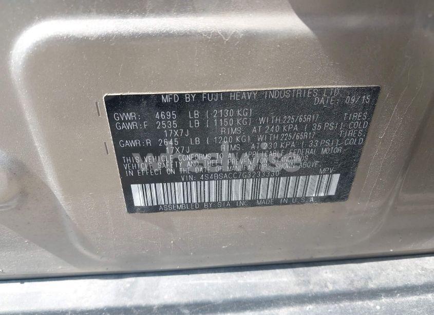 Photo 9 of 2016 Subaru Outback 2.5I PREMIUM (VIN 4S4BSACC7G3233330)