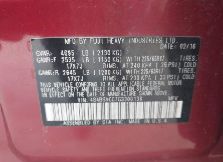 Photo 9 of 2016 Subaru Outback 2.5I PREMIUM (VIN 4S4BSACC7G3300136)