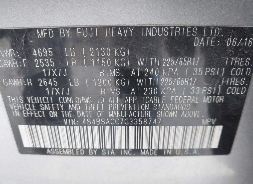 Photo 9 of 2016 Subaru Outback 2.5I PREMIUM (VIN 4S4BSACC7G3358747)