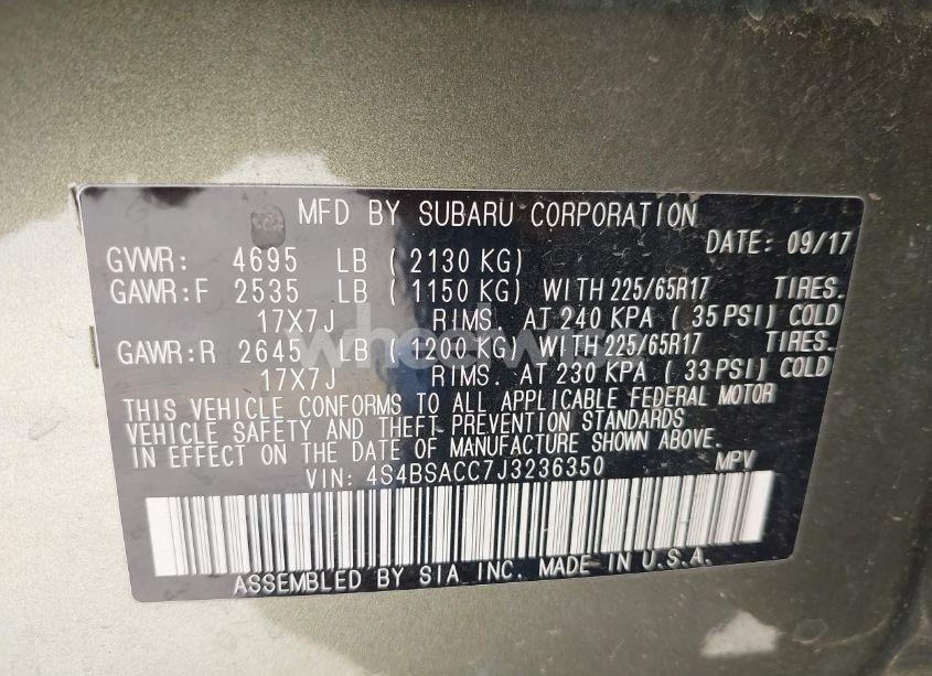 Photo 9 of 2018 Subaru Outback 2.5I PREMIUM (VIN 4S4BSACC7J3236350)