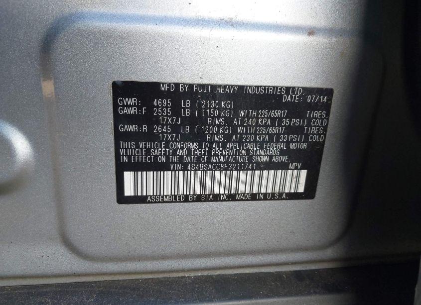 Photo 9 of 2015 Subaru Outback 2.5I PREMIUM (VIN 4S4BSACC8F3211741)