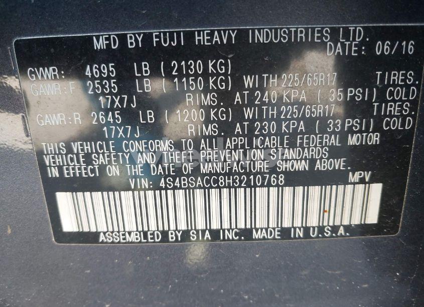 Photo 9 of 2017 Subaru Outback 2.5I PREMIUM (VIN 4S4BSACC8H3210768)