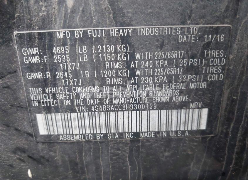 Photo 9 of 2017 Subaru Outback 2.5I PREMIUM (VIN 4S4BSACC8H3300129)