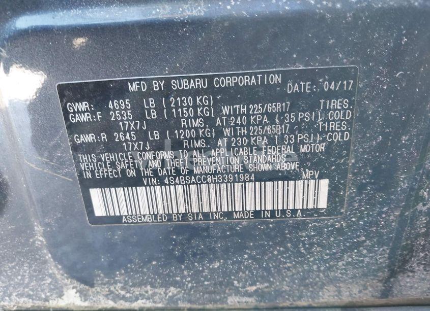 Photo 9 of 2017 Subaru Outback 2.5I PREMIUM (VIN 4S4BSACC8H3391984)