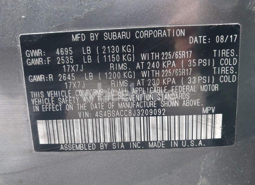 Photo 9 of 2018 Subaru Outback 2.5I PREMIUM (VIN 4S4BSACC8J3209092)