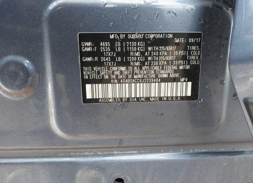 Photo 9 of 2018 Subaru Outback 2.5I PREMIUM (VIN 4S4BSACC8J3239404)