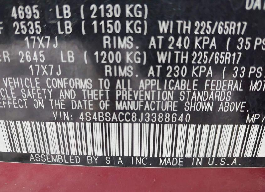 Photo 9 of 2018 Subaru Outback 2.5I PREMIUM (VIN 4S4BSACC8J3388640)