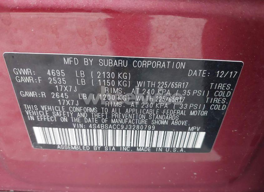 Photo 9 of 2018 Subaru Outback 2.5I PREMIUM (VIN 4S4BSACC9J3280799)