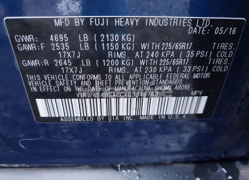 Photo 9 of 2016 Subaru Outback 2.5I PREMIUM (VIN 4S4BSACCXG3346768)