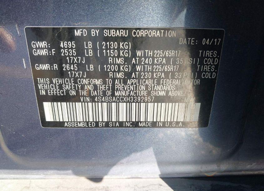 Photo 9 of 2017 Subaru Outback 2.5I PREMIUM (VIN 4S4BSACCXH3392957)