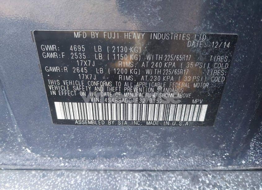 Photo 9 of 2015 Subaru Outback 2.5I PREMIUM (VIN 4S4BSADC1F3273352)