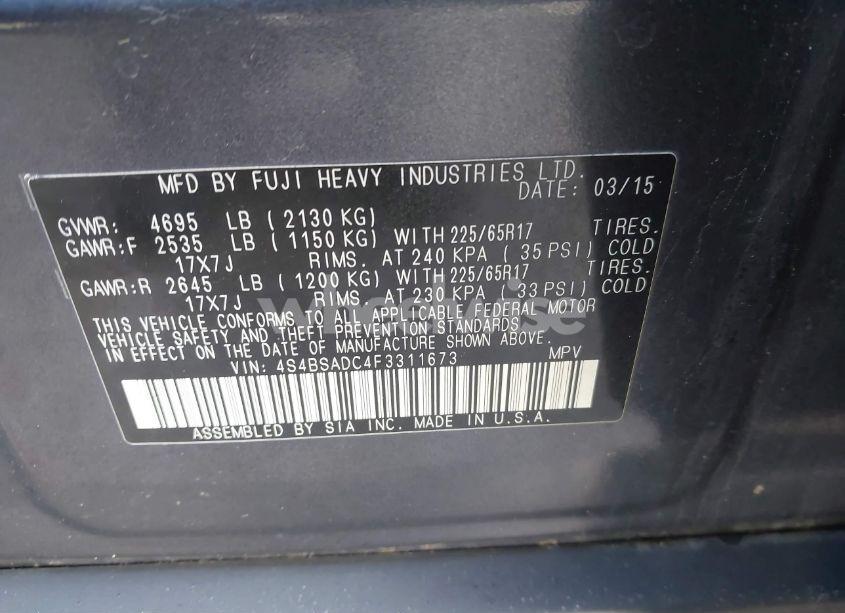 Photo 9 of 2015 Subaru Outback 2.5I PREMIUM (VIN 4S4BSADC4F3311673)