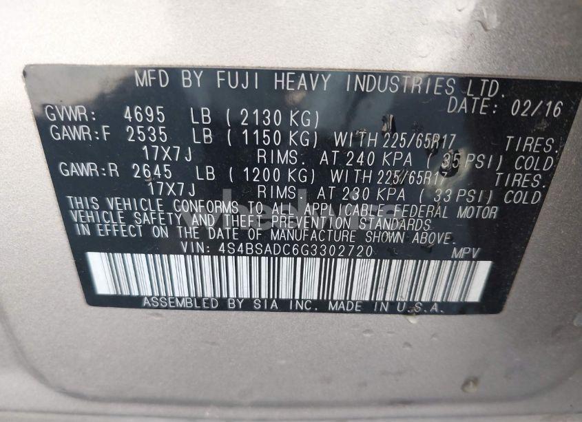 Photo 9 of 2016 Subaru Outback 2.5I PREMIUM (VIN 4S4BSADC6G3302720)