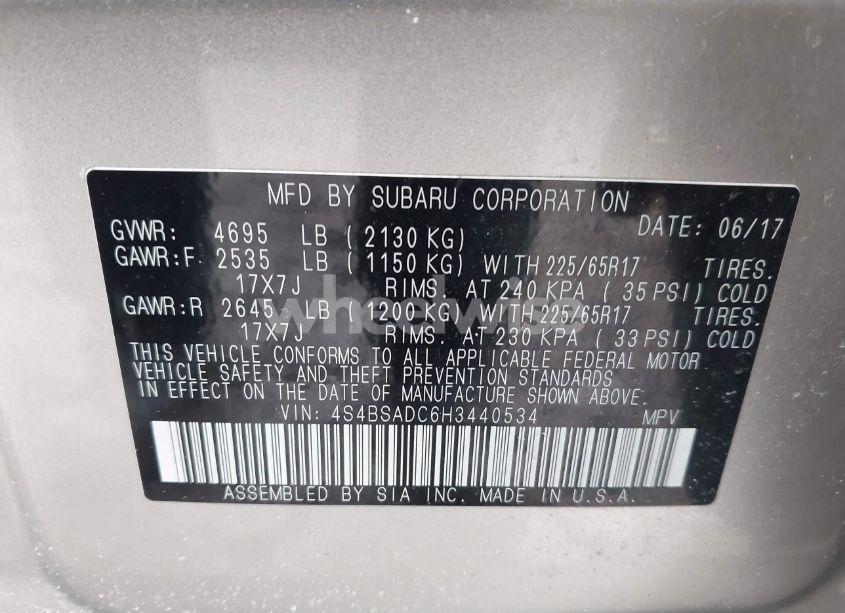 Photo 9 of 2017 Subaru Outback 2.5I PREMIUM (VIN 4S4BSADC6H3440534)