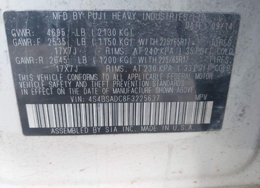 Photo 9 of 2015 Subaru Outback 2.5I PREMIUM (VIN 4S4BSADC8F3225637)