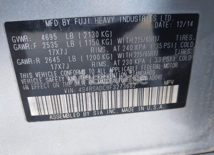 Photo 9 of 2015 Subaru Outback 2.5I PREMIUM (VIN 4S4BSADC9F3273602)