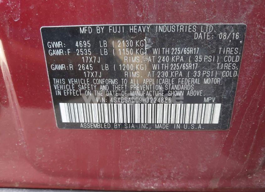 Photo 9 of 2017 Subaru Outback 2.5I PREMIUM (VIN 4S4BSADC9H3224886)