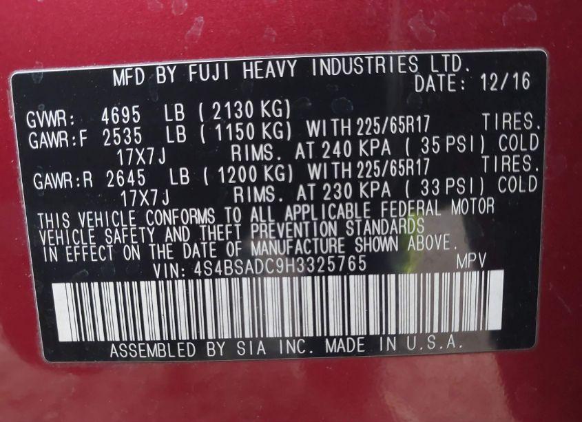 Photo 9 of 2017 Subaru Outback 2.5I PREMIUM (VIN 4S4BSADC9H3325765)