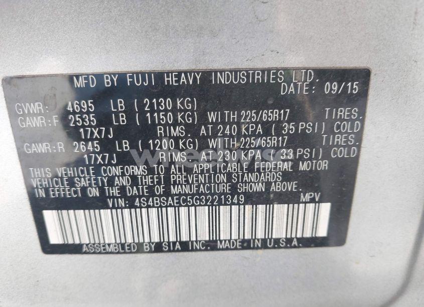 Photo 9 of 2016 Subaru Outback 2.5I PREMIUM (VIN 4S4BSAEC5G3221349)