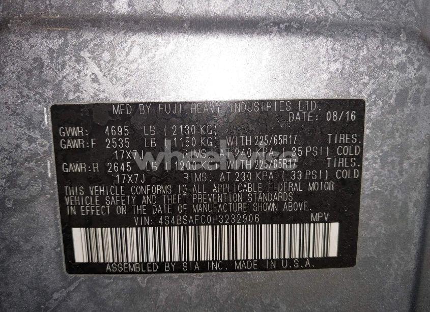 Photo 9 of 2017 Subaru Outback 2.5I PREMIUM (VIN 4S4BSAFC0H3232906)