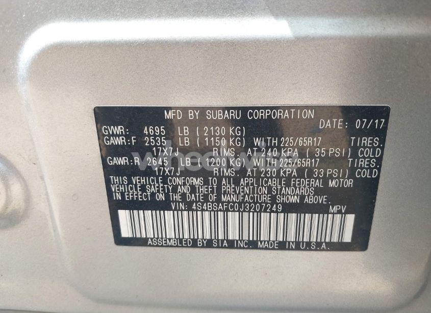 Photo 9 of 2018 Subaru Outback 2.5I PREMIUM (VIN 4S4BSAFC0J3207249)