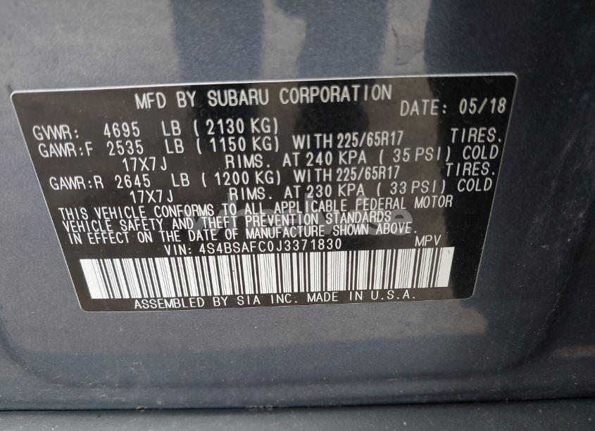 Photo 9 of 2018 Subaru Outback 2.5I PREMIUM (VIN 4S4BSAFC0J3371830)